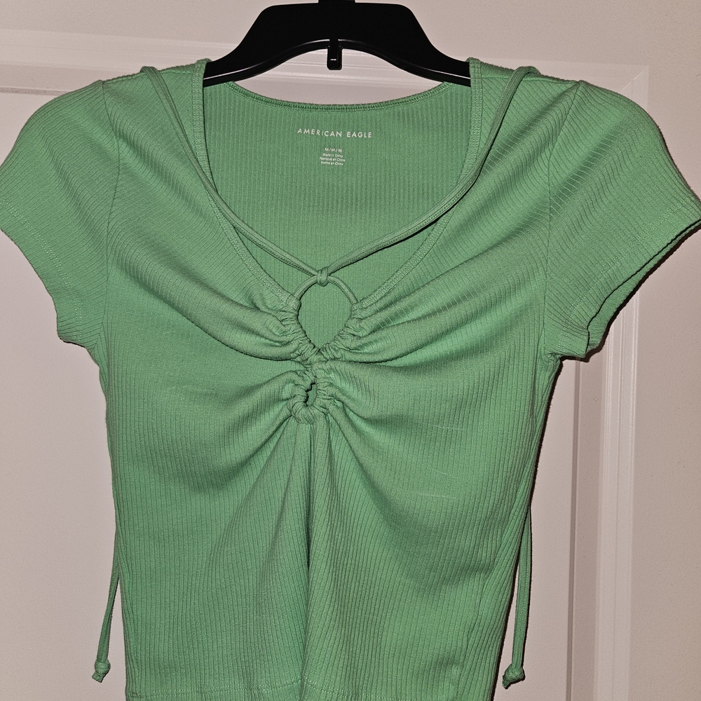 American Eagle Green Short Sleeve Ruched Top